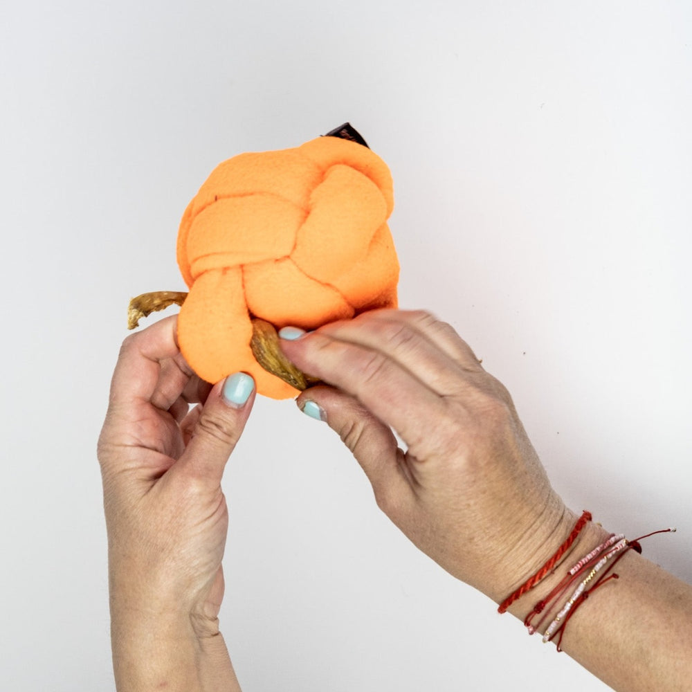 Filling up the orange Forage-A-Knot toy with treats.