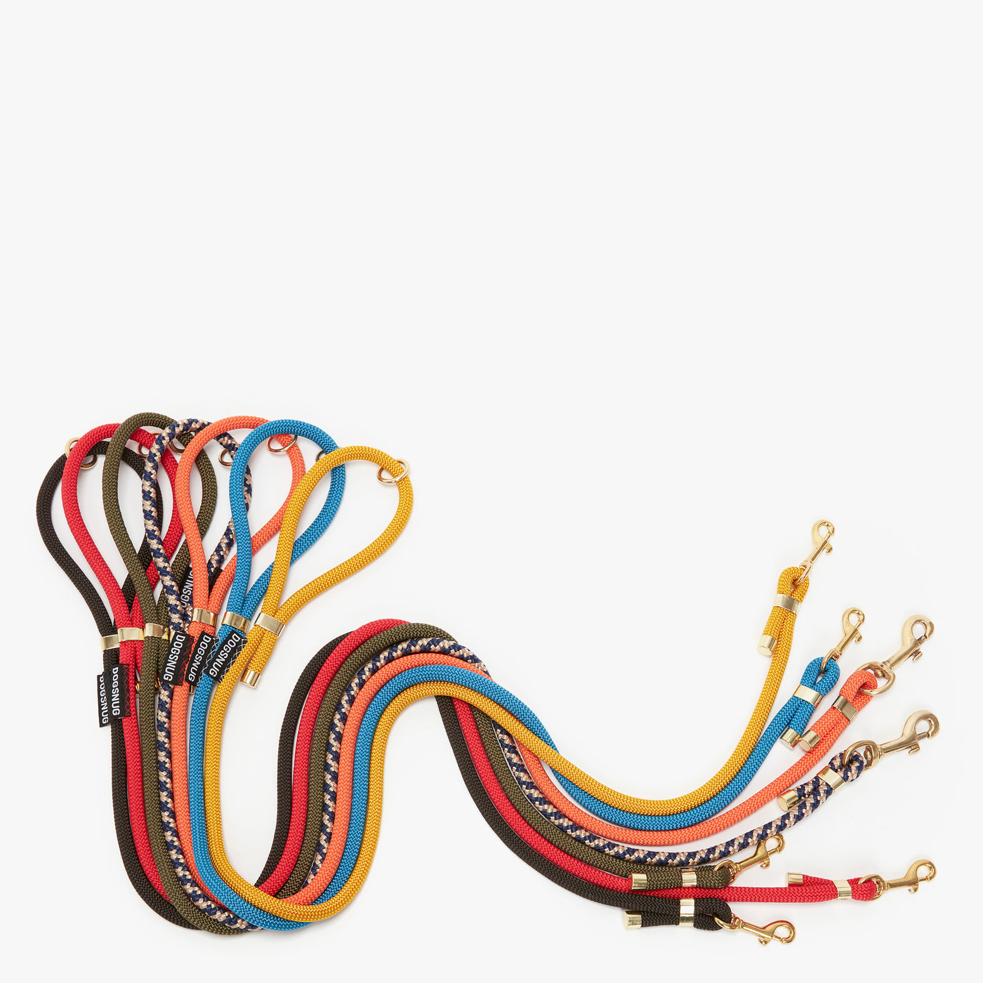 Rope dog leads in all available colours laid out