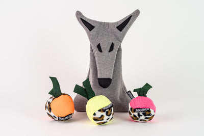 Dog Treat Puzzle Toy features 1 whippet toy and 2 fruit toys