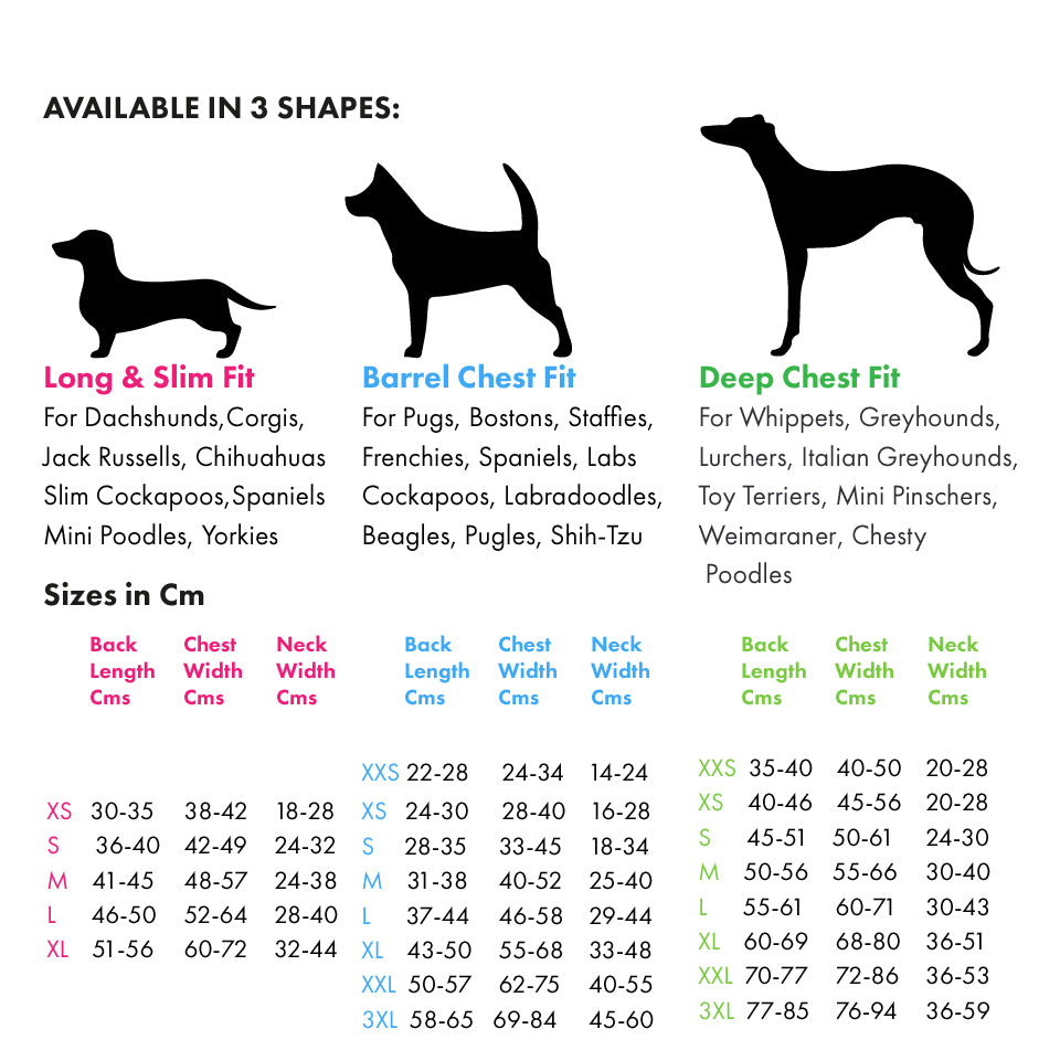 Sizing Chart for Water Repellent Fleece Jumpers for Dogs
